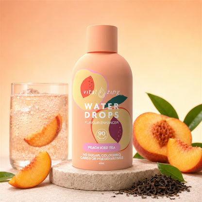 Vital Zing Peach Iced Tea Water Drops 45ml with peaches and sparkling water